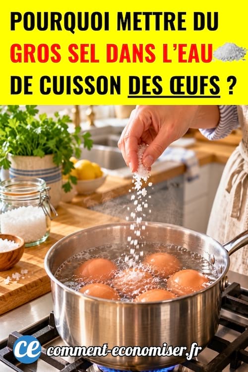 Une personne qui jette du gros sel dans de l'eau de cuisson d'oeufs