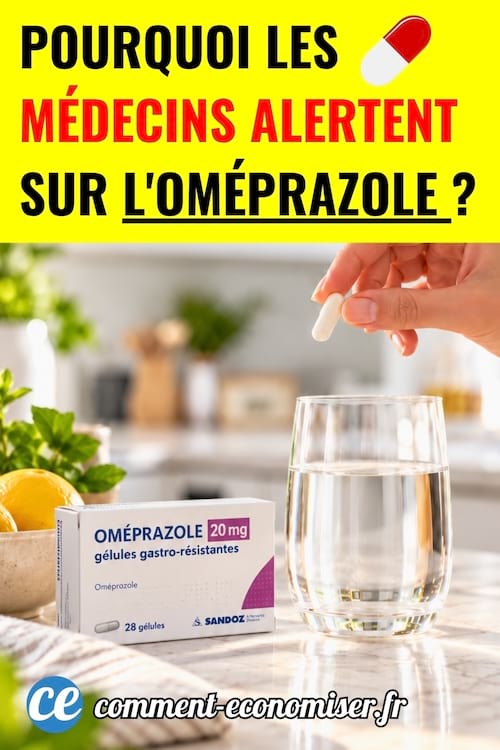 une boite de médicament d'oméprazole à coté d'un verre d'eau