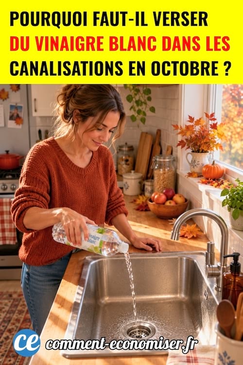 une femme qui verse du vinaigre blanc dans son évier de cuisine