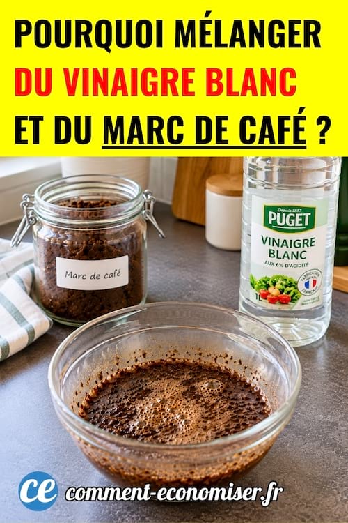 Une bouteille de vinaigre blanc avec un pot de marc de café et une coupelle de mélange des deux