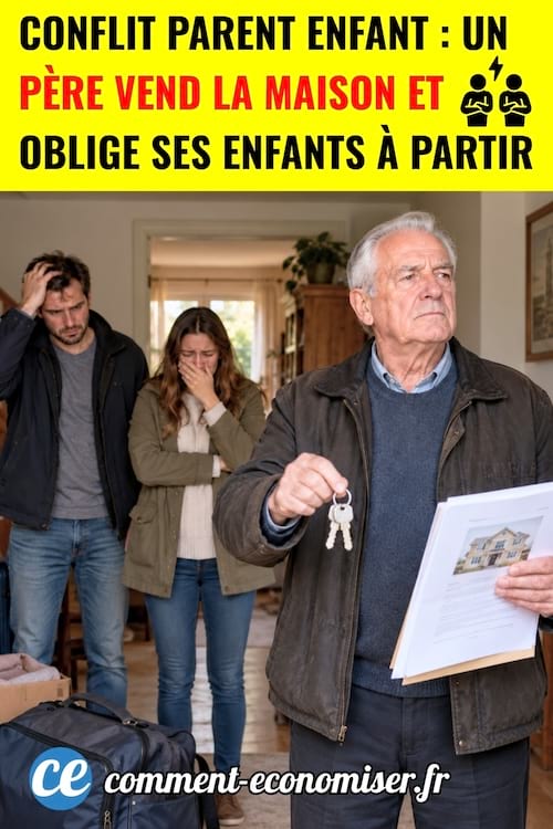Un p&egrave;re tenant des cl&eacute;s de maison avec ses enfants tristes car ils partent de la maison