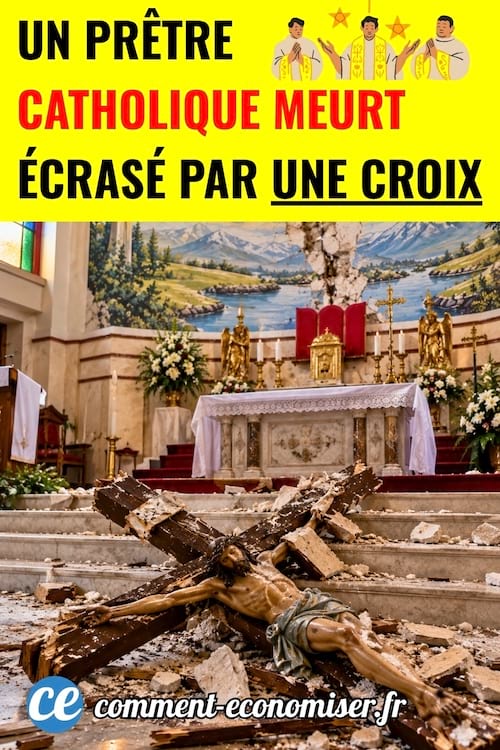 Une croix catholique à terre en mille morceaux dans une église