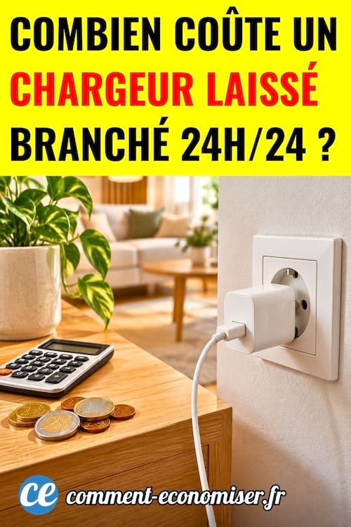 Un chargeur de téléphone branché, une calculatrice et des euros