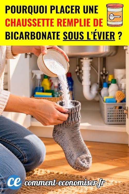 Une femme qui verse du bicarbonate de soude dans une chaussette &agrave; c&ocirc;t&eacute; d'un &eacute;vier