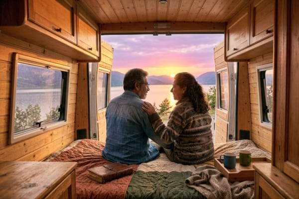  Un couple de retrait&eacute;s est assis sur le lit, de dos, regardant le paysage