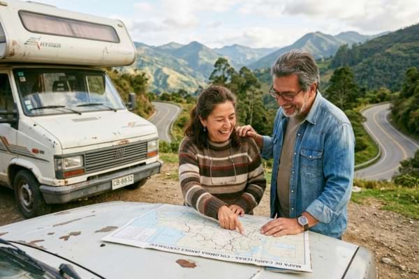 un couple de jeunes retrait&eacute;s souriants &eacute;tudiant une carte routi&egrave;re sur le capot d'un vieux camping-car 