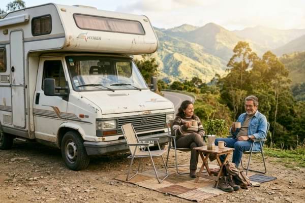 vue ext&eacute;rieure d'un camping-car Fiat Ducato vintage stationn&eacute; dans la nature