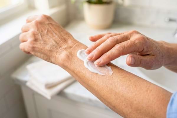 senior hands gently applying rich white moisturizing cream onto their forearm