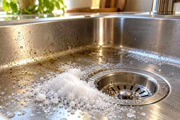 Gros plan sur des cristaux de soude blancs déposés près de la bonde d'un évier en inox.