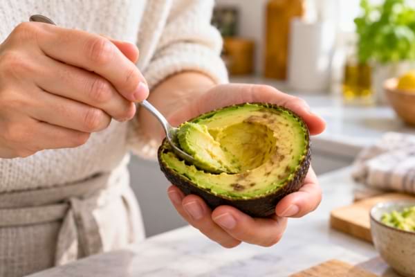 Une personne tenant d&eacute;licatement un demi-avocat l&eacute;g&egrave;rement bruni dans ses mains, v&eacute;rifiant sa texture 
