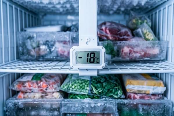n thermomètre de congélateur affichant exactement -18 degrés Celsius, avec des tiroirs givrés
