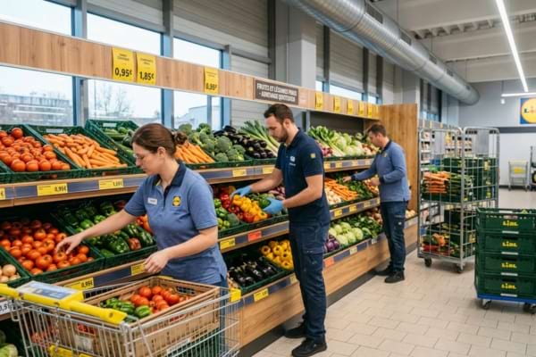 Supermarket employees in uniform actively stocking shelves with fresh colorful vegetables early in the morning