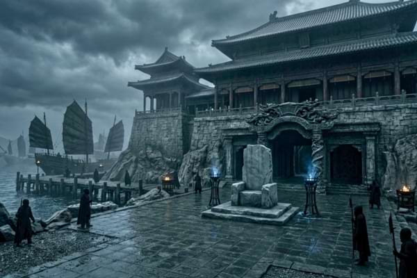 A dark, terrifying giant grey stone palace with an Asian-style roof