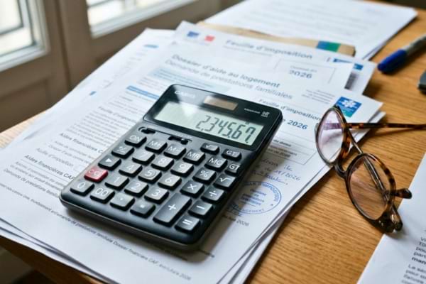 une calculatrice pos&eacute;e sur des documents administratifs l&eacute;g&egrave;rement flous en arri&egrave;re-plan. 