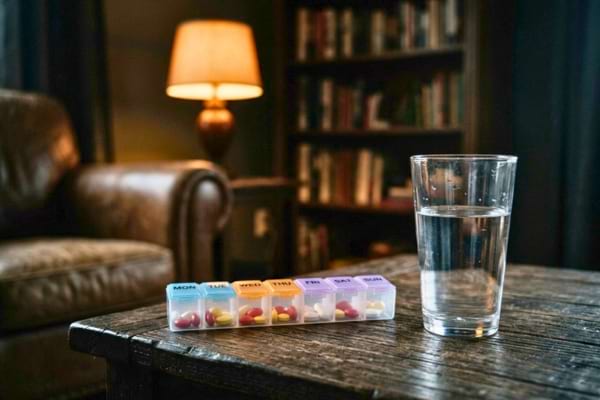 a daily pill organizer box resting on a bedside table next to a glass of water