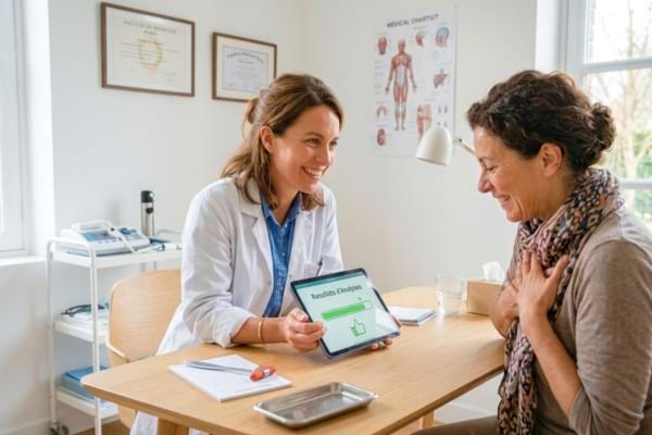 Un médecin dans un cabinet médical moderne, montrant des résultats d'analyses