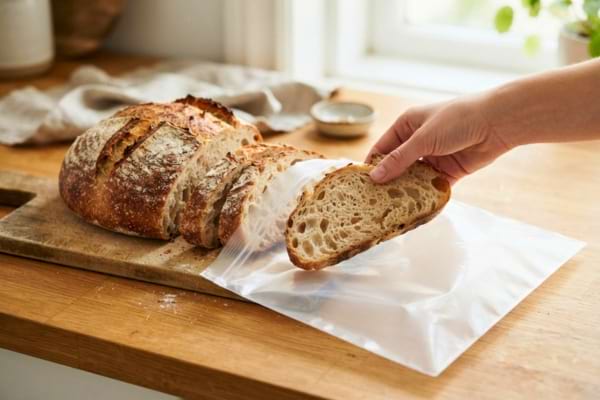 a fresh sliced rustic bread loaf being placed into a clear transparent freezer bag