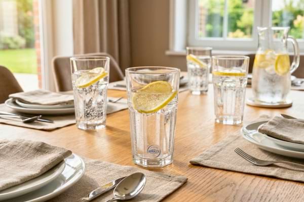 une table de salle à manger joliment dressée avec des verres transparents
