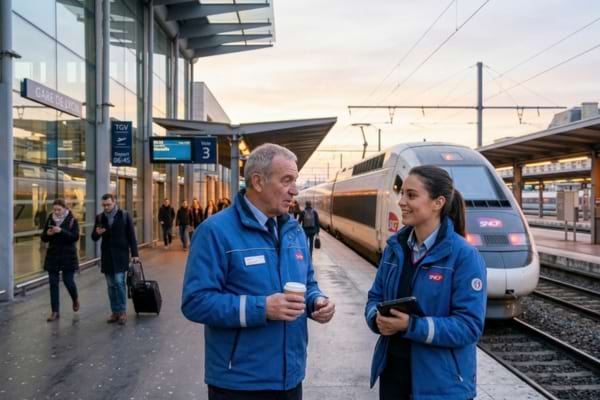 Deux employés ferroviaires de générations différentes, un jeune et un plus âgé