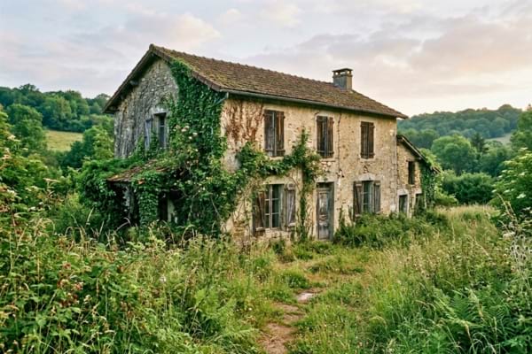 'une vieille maison de campagne abandonnée, murs en pierre recouverts de lierre grimpant