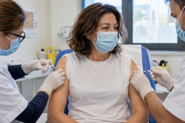 Femme recevant deux vaccins en même temps, avec une injection dans chaque bras.