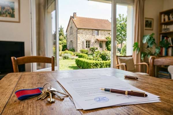 un trousseau de clés de maison et un contrat notarié avec un stylo plume élégant