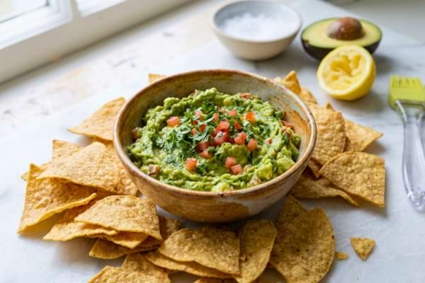 un guacamole maison &eacute;cras&eacute; &agrave; la fourchette, garni de coriandre fra&icirc;che 