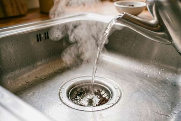 De l'eau bouillante dégageant de la vapeur est versée dans un évier