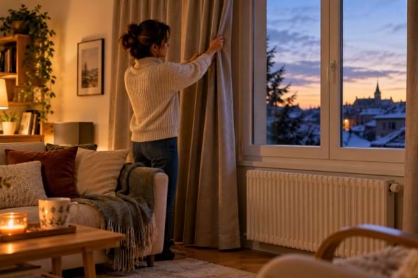 Femme fermant ses rideaux épais en hiver pour conserver la chaleur et économiser le chauffage