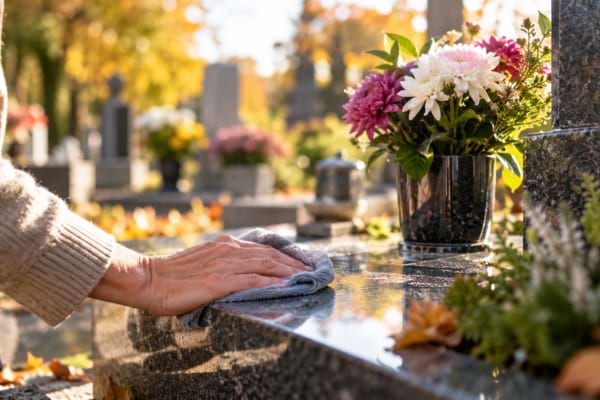 Une personne nettoie une tombe en granit avec un chiffon doux près d'un bouquet de chrysanthèmes.