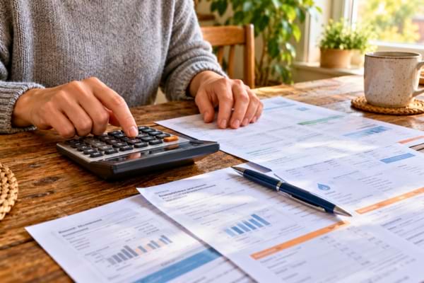 une personne tapant sur une calculatrice, avec des factures d'&eacute;nergie et un stylo &eacute;tal&eacute;s sur une table en bois