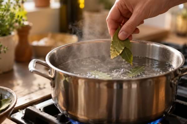 Main d&eacute;posant des feuilles de laurier dans une casserole d&rsquo;eau chaude sur la cuisini&egrave;re.