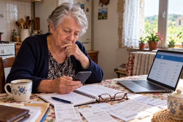 Une retraitée vérifie ses comptes bancaires et ses factures devant son café du matin.