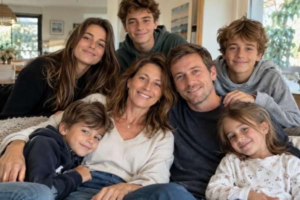Famille recomposée réunie et souriante dans un salon lumineux.