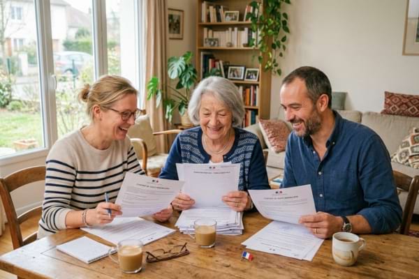 Une mère de famille d'environ 75 ans, souriante et détendue, assise autour d'une table de salon