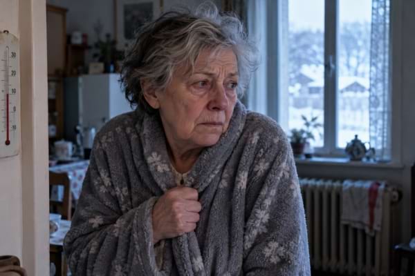 femme âgée emmitouflée chez elle alors que la température intérieure avoisine 10 °C.