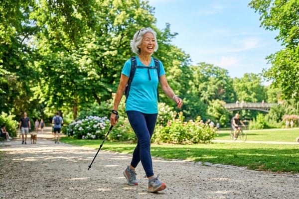 a healthy active senior person walking happily in a bright green park