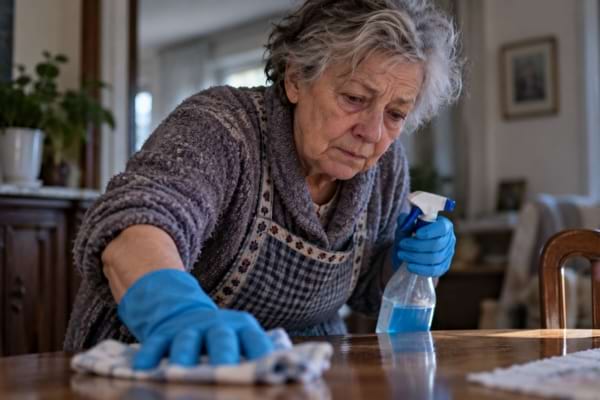 femme âgée qui continue à faire des ménages pour pouvoir payer ses factures d’énergie.