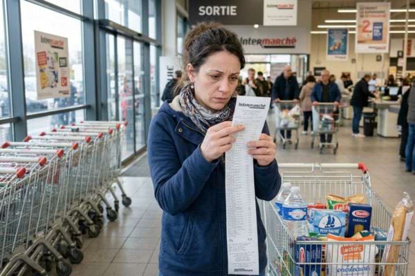 une mère de famille soucieuse regardant un long ticket de caisse à la sortie d'un supermarché