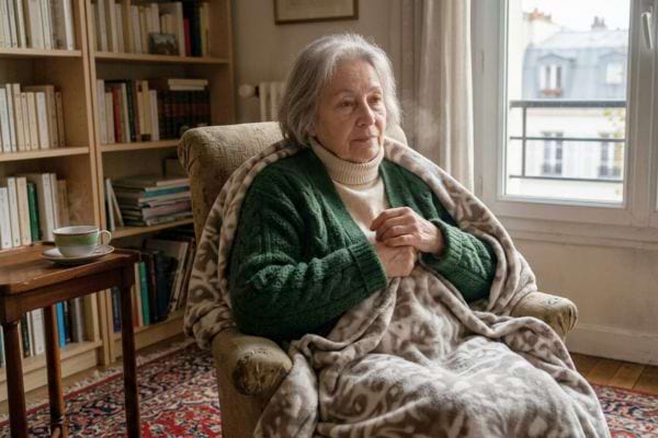 une femme de 70 ans assise avec un plaid ayant froid