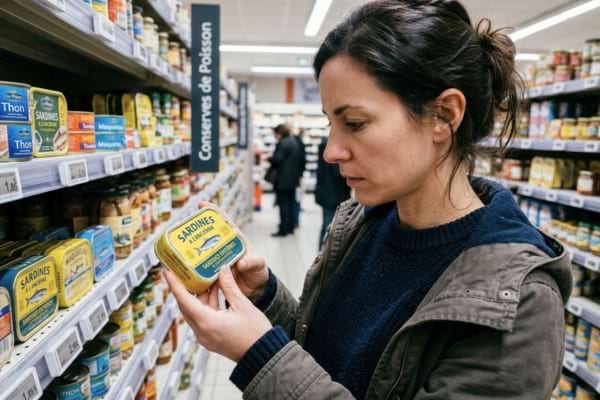 ne personne dans un rayon de supermarché, lisant attentivement l'étiquette d'une boîte de sardines