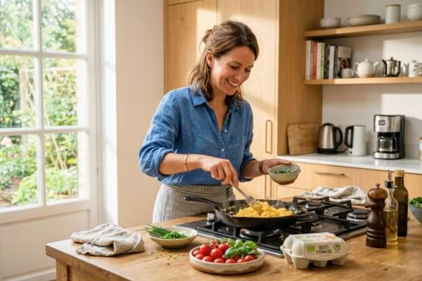 Une femme souriante dans une cuisine lumineuse et moderne, préparant une poêlée d'œufs