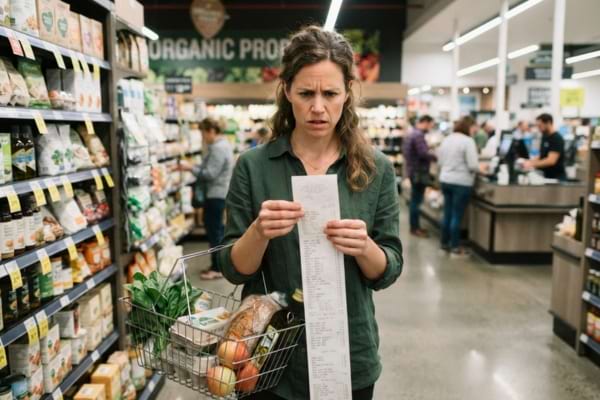 a concerned person looking at a long supermarket receipt