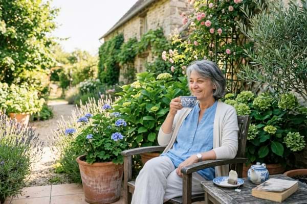 Une femme retraitée épanouie, buvant un thé sur la terrasse ensoleillée de sa maison
