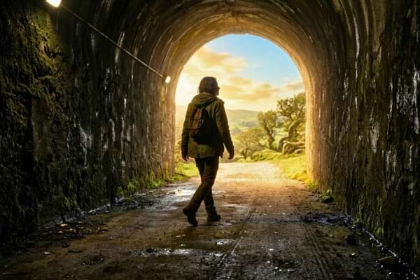 A conceptual realistic image of a person walking out of a dark