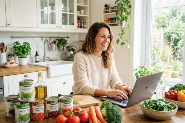 une femme souriante dans une cuisine lumineuse, tapant sur un ordinateur portable