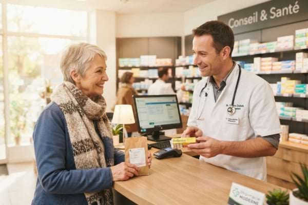 un patient souriant discutant avec son pharmacien au comptoir