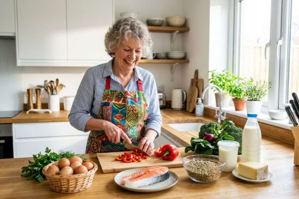 Une femme de 70 ans dynamique préparant un repas sain