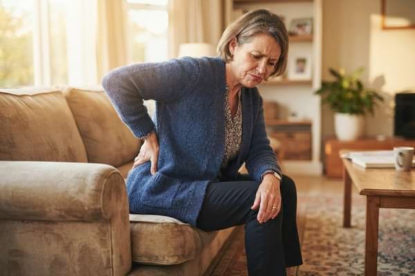 une personne d'âge mûr tenant le bas de son dos avec une expression de légère douleur