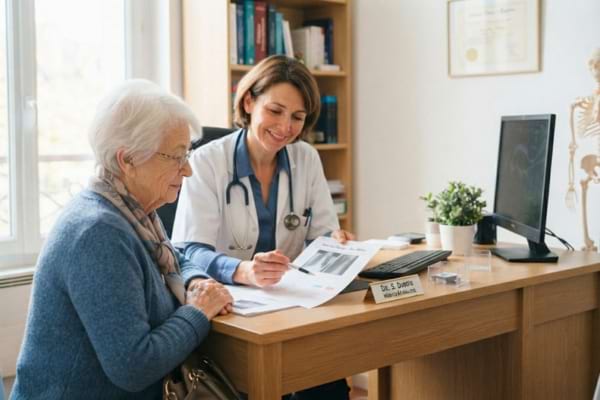'une femme âgée discutant calmement avec son médecin traitant dans un cabinet médical